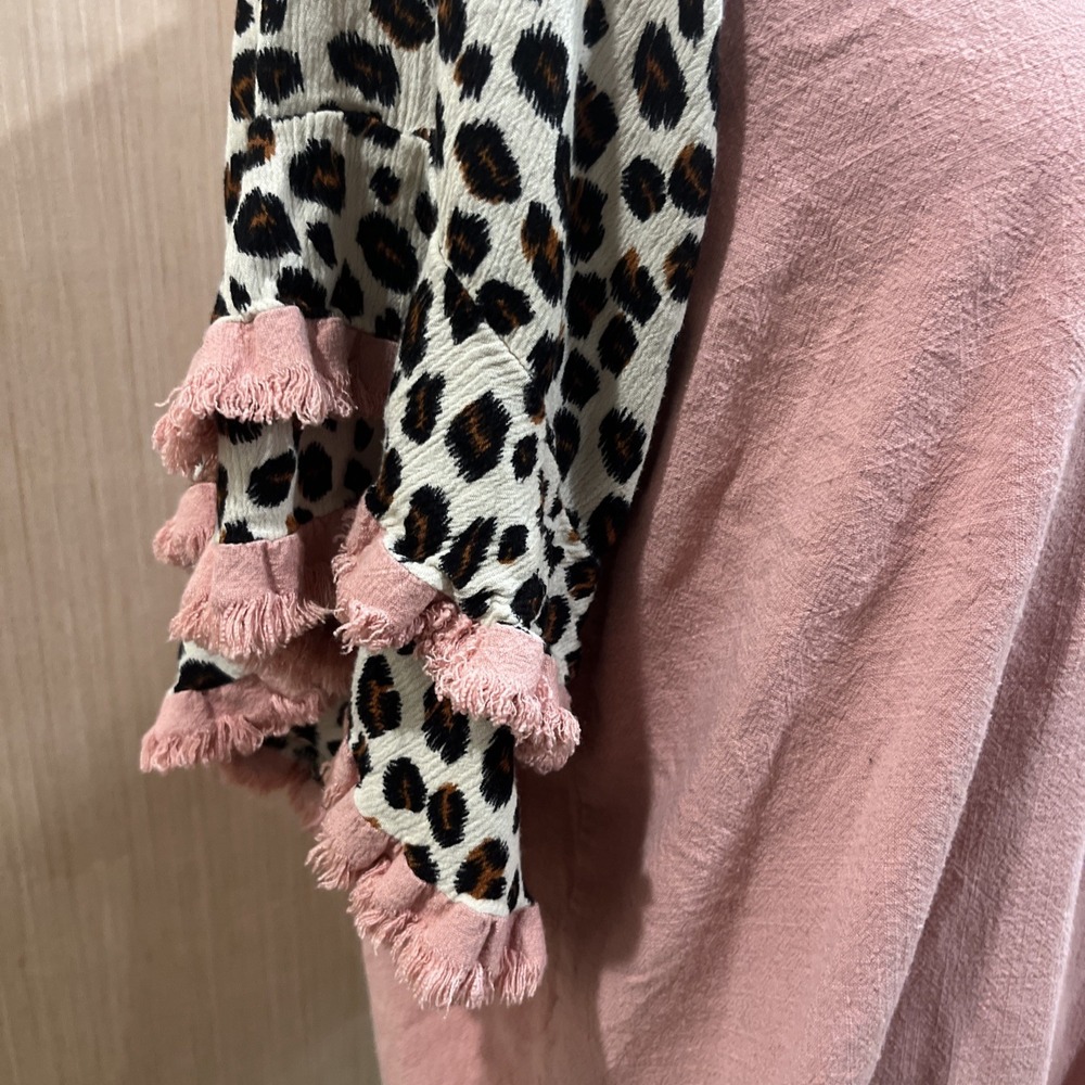 Umgee Blouse Womens Large Pink Leopard Ruffle Short Sleeve Boho Tunic Top Shirt - Picture 3 of 8